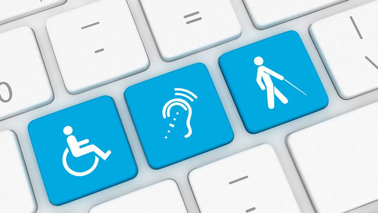 imagem de um teclado de notebook, com as teclas em azul, com símbolo de cadeirante de rodas, simbolo de uma pessoa cega e um símbolo de uma pessoa surda, representando um site acessível