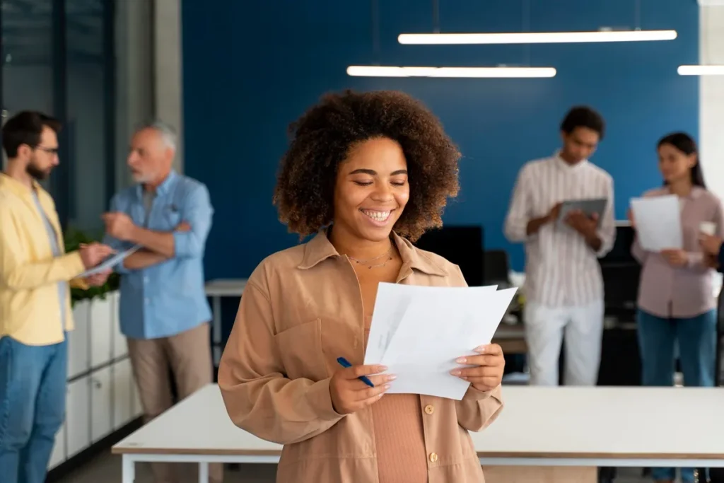 Mulher sorrindo enquanto segura documentos em um ambiente corporativo, com outras pessoas ao fundo discutindo detalhes em grupo.