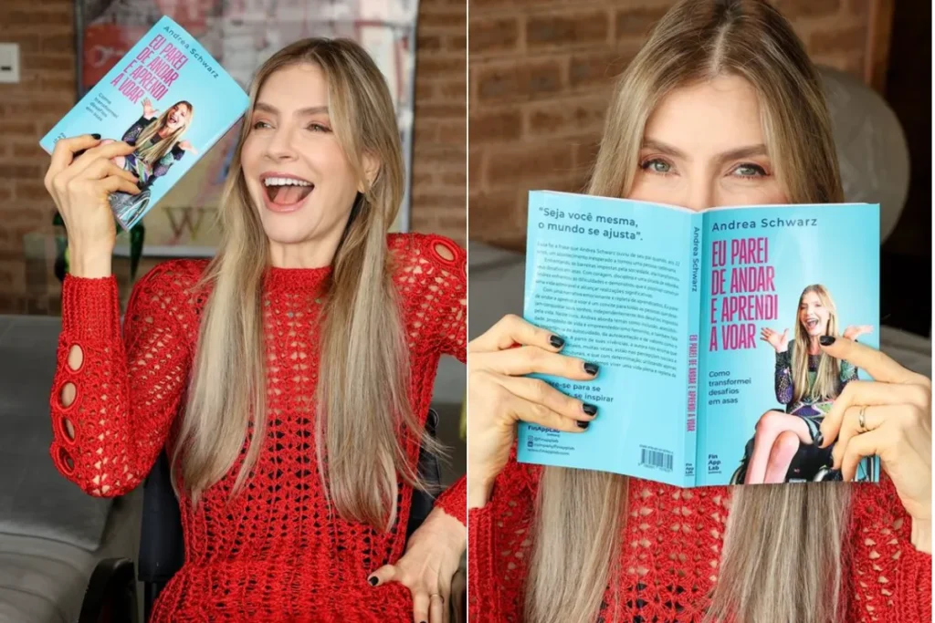 Duas fotos de Andrea Schwarz segurando seu livro "Eu Parei de Andar e Aprendi a Voar", sorrindo em uma delas e escondendo parcialmente o rosto com o livro na outra.