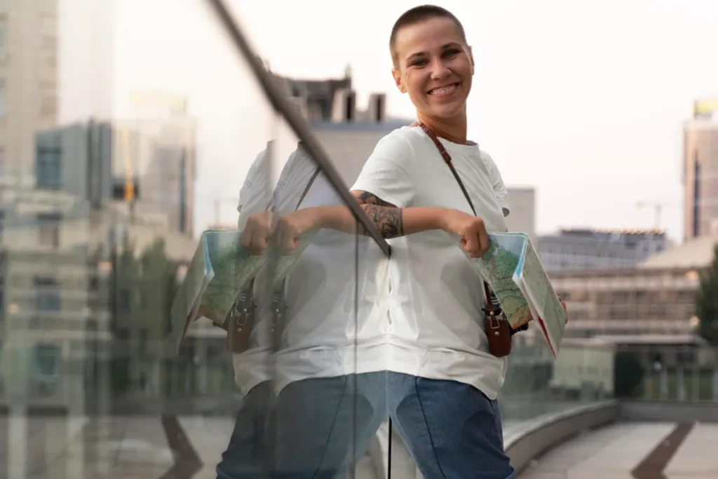 Mulher sorridente com cabelo curto segurando um mapa, refletida em uma superfície de vidro em ambiente urbano.