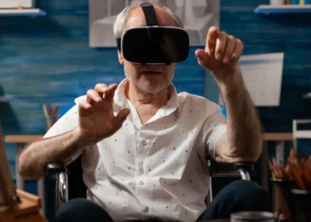 Idoso sentado em uma cadeira de rodas usando um óculos de realidade virtual, com as mãos levantadas interagindo com o ambiente digital, em um espaço moderno e bem iluminado.