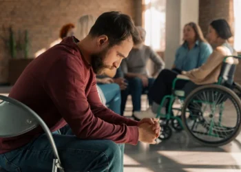 Homem pensativo com mãos entrelaçadas em grupo de apoio emocional, com pessoas diversas, incluindo uma mulher em cadeira de rodas