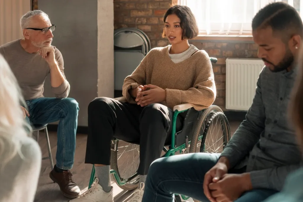 Grupo de apoio com uma mulher em cadeira de rodas conversando com outros participantes, em uma sala iluminada e acolhedora